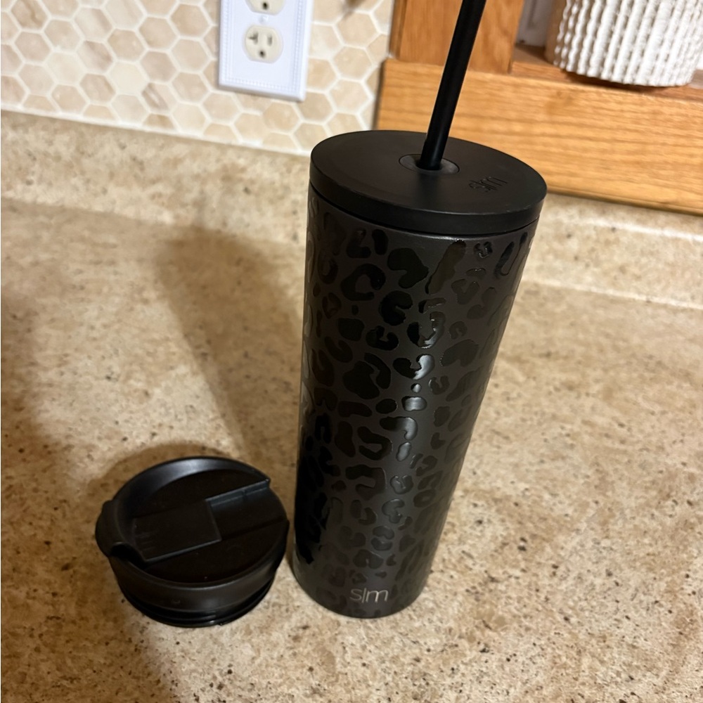 SLM Black Leopard Print Tumbler with Straw